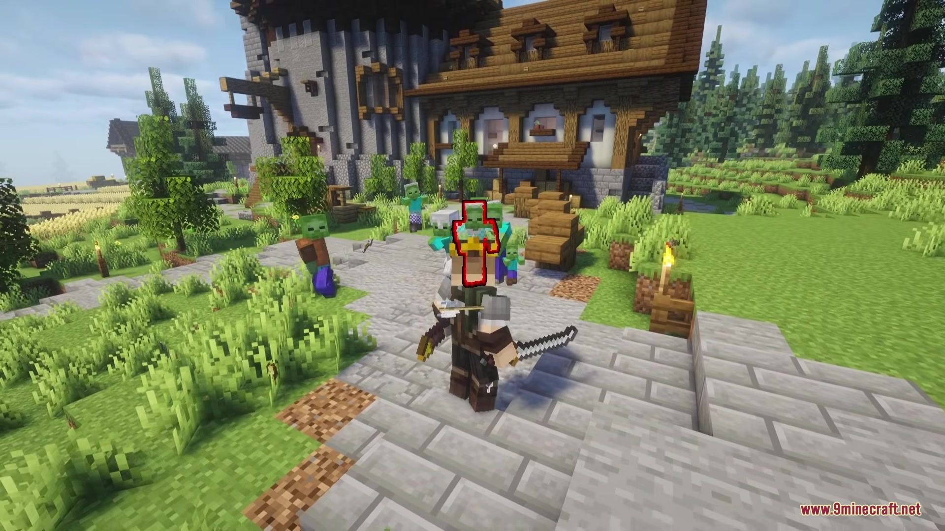 Player character facing a group of aggressive zombies in a medieval village