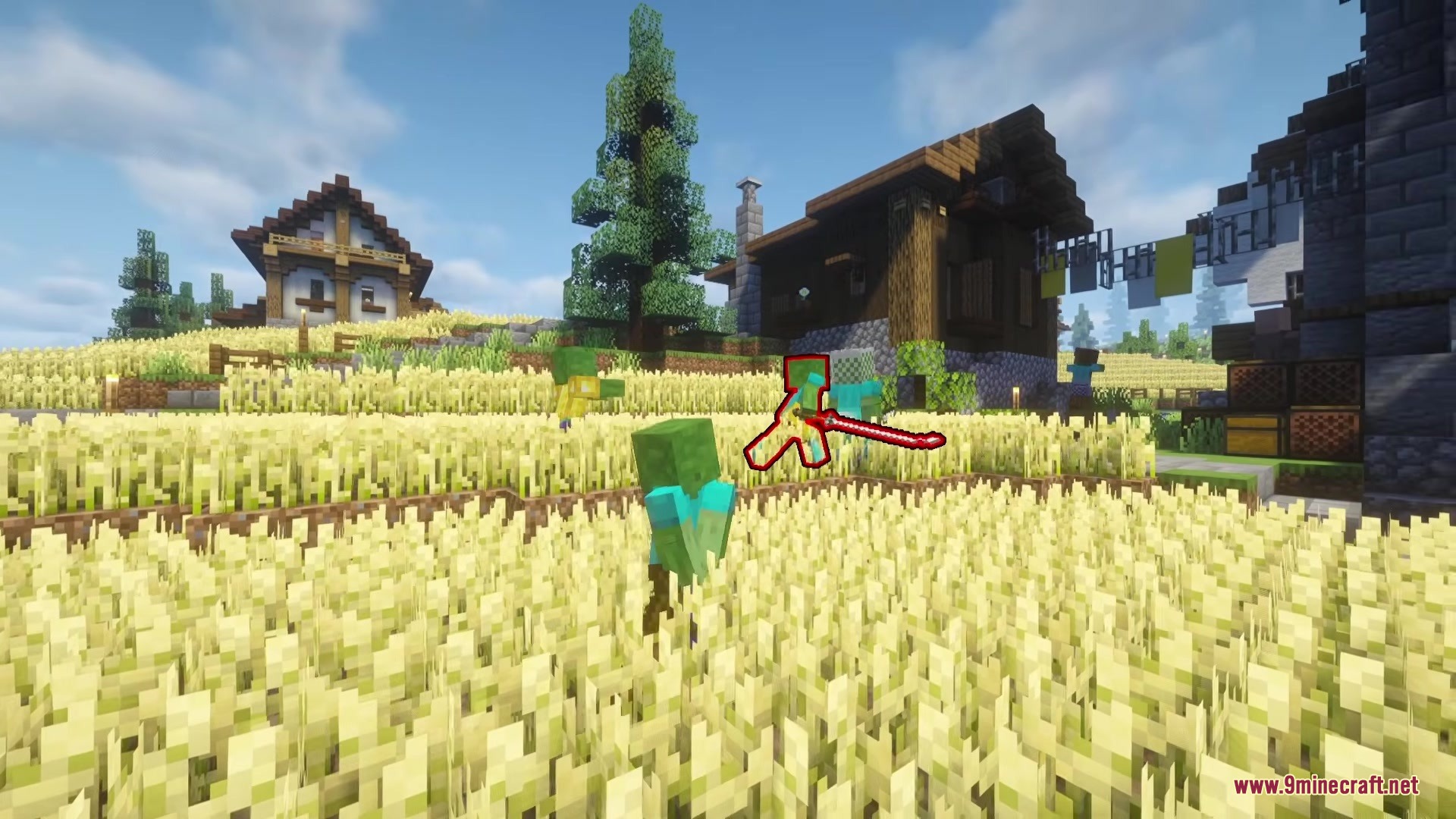 A zombie holding a red weapon stands in a golden wheat field