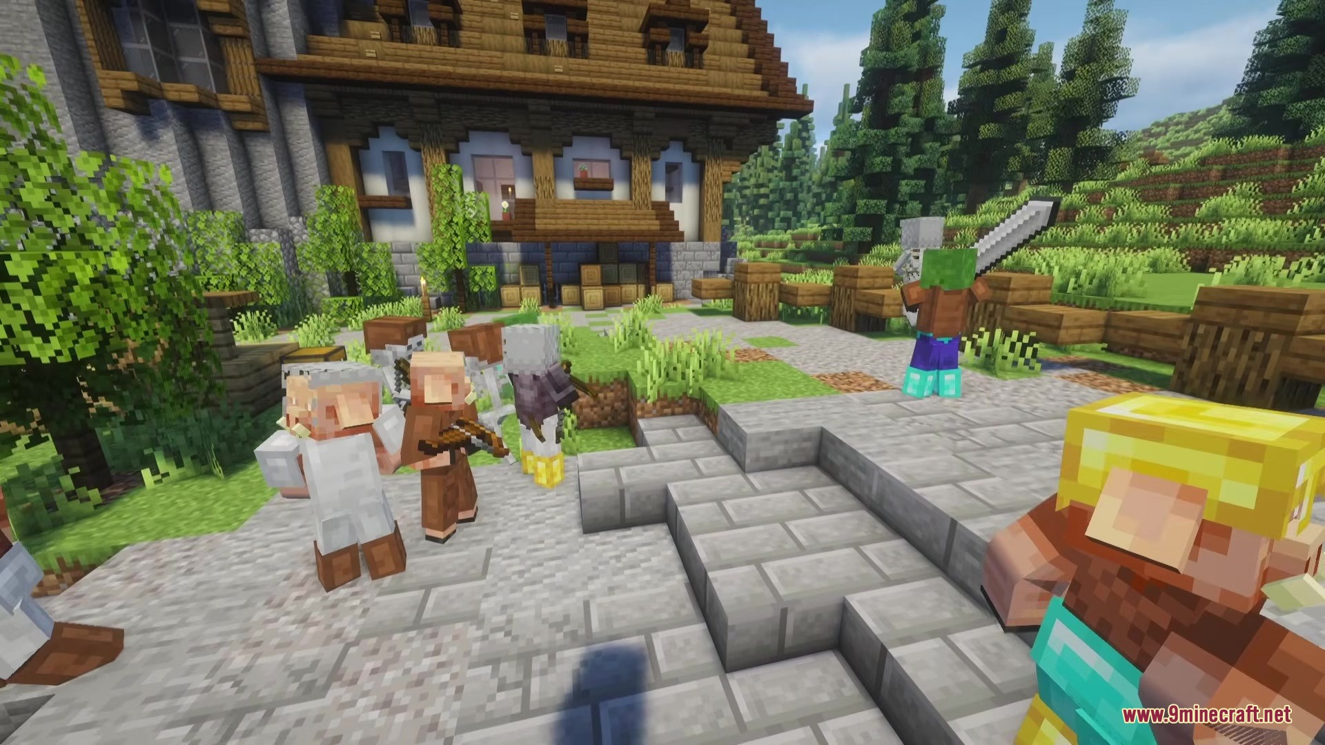 Armed mobs including piglins and skeletons gather in a village courtyard