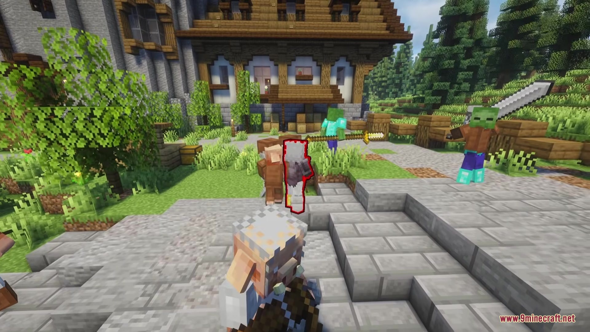 A group of armed monsters standing in a courtyard near a wooden house