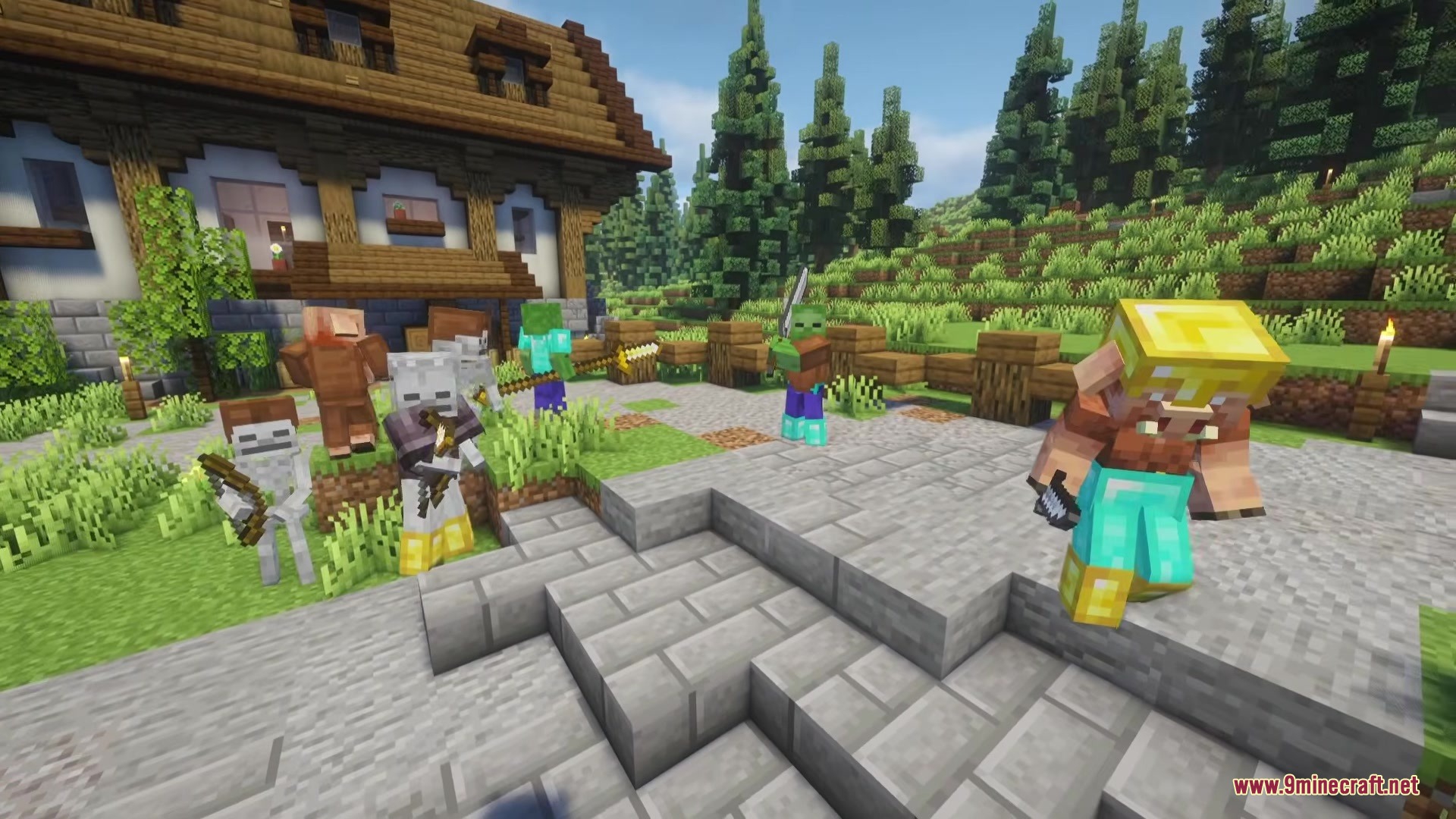 Armored piglins and zombies wielding weapons while standing on a stone path