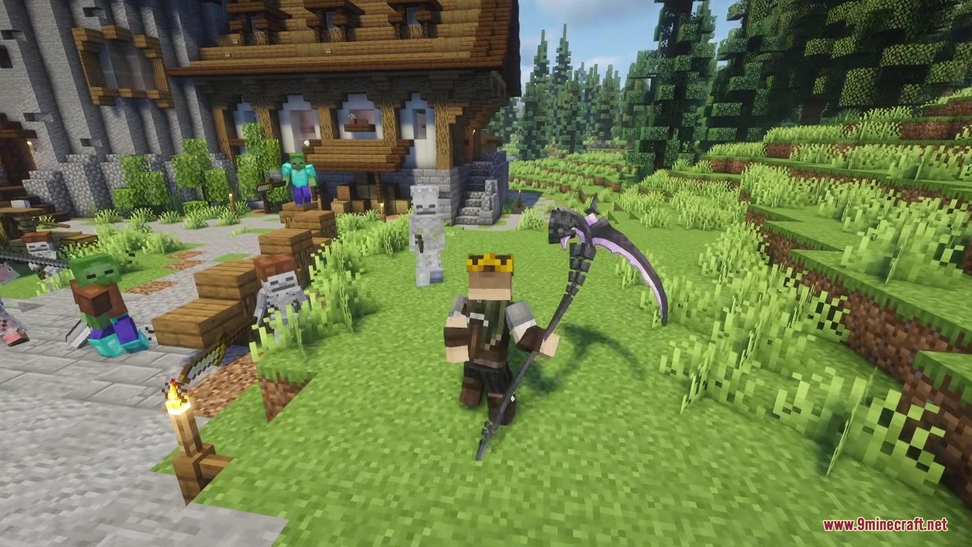 A player with a crown holds a scythe near weapon wielding hostile mobs