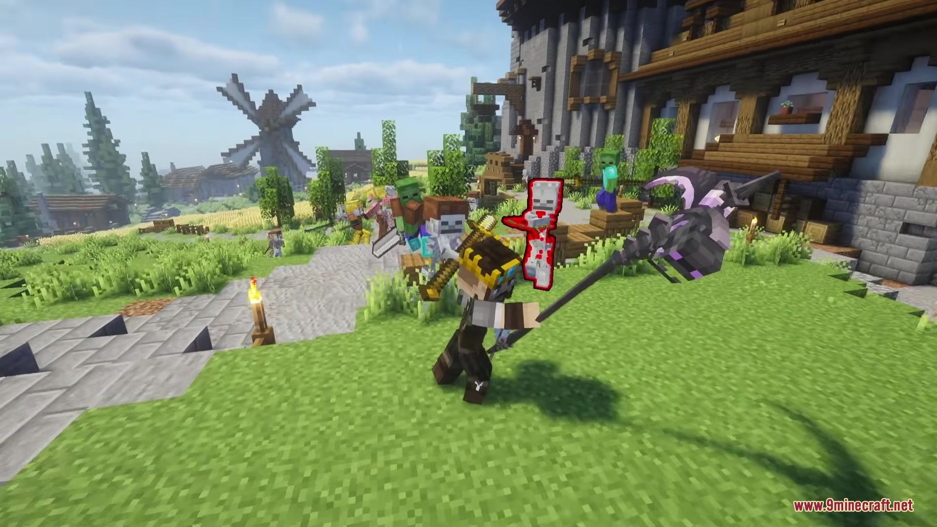 The player swings a large purple scythe at a group of armed monsters