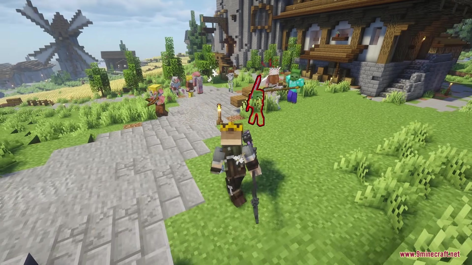 A player wearing a crown faces a group of armed hostile mobs outdoors