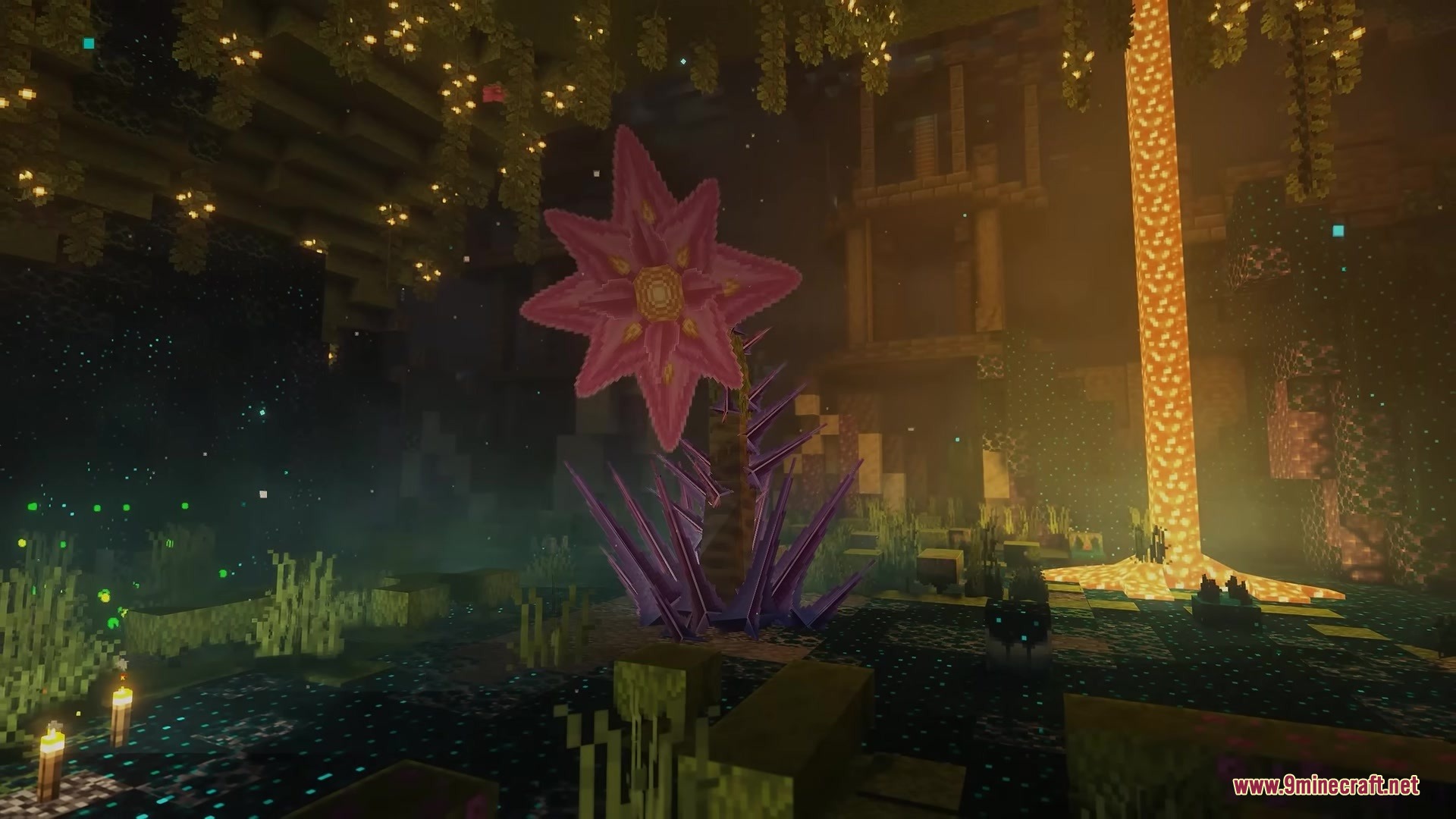 BB's Bosses of Mass Destruction Tweaks Resource Pack Screenshot 3 A giant pink Void Blossom flower stands in a dark glowing cave