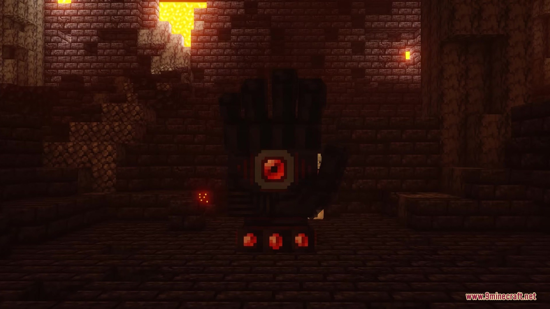 BB's Bosses of Mass Destruction Tweaks Resource Pack Screenshot 4 The Nether Gauntlet boss with a glowing red eye inside a brick room
