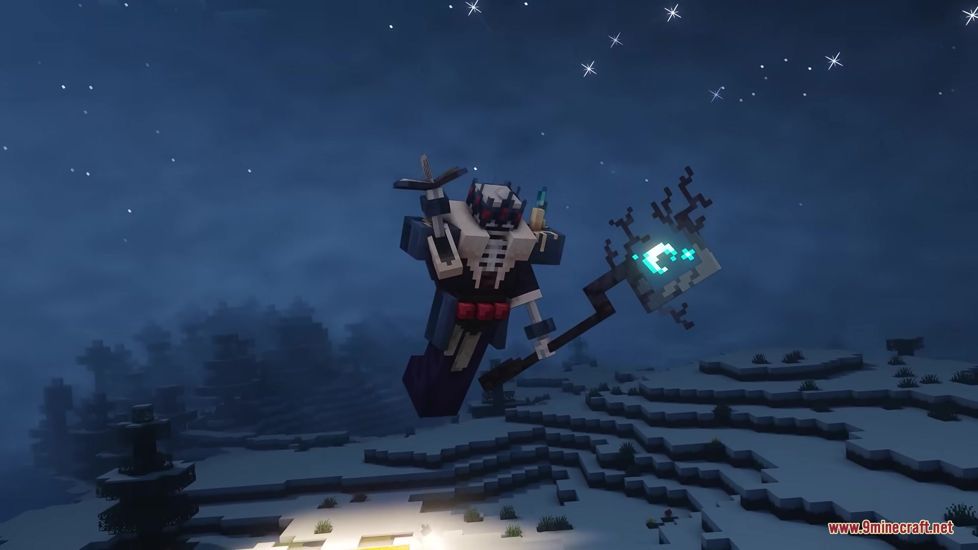 BB's Bosses of Mass Destruction Tweaks Resource Pack Screenshot 5 The Night Lich boss floats above a snowy landscape holding a glowing staff