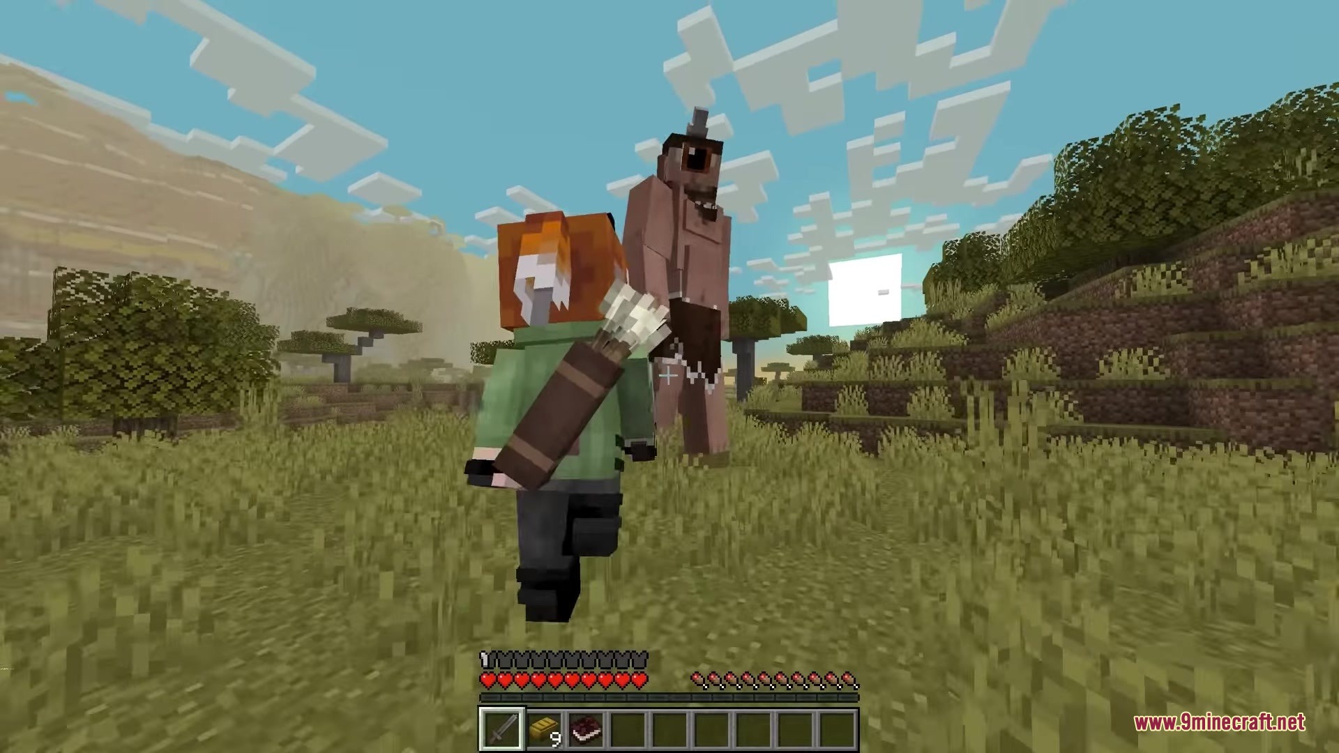 BackFromThePast Mod Screenshot 4 A player with a quiver running towards a giant creature in the savanna