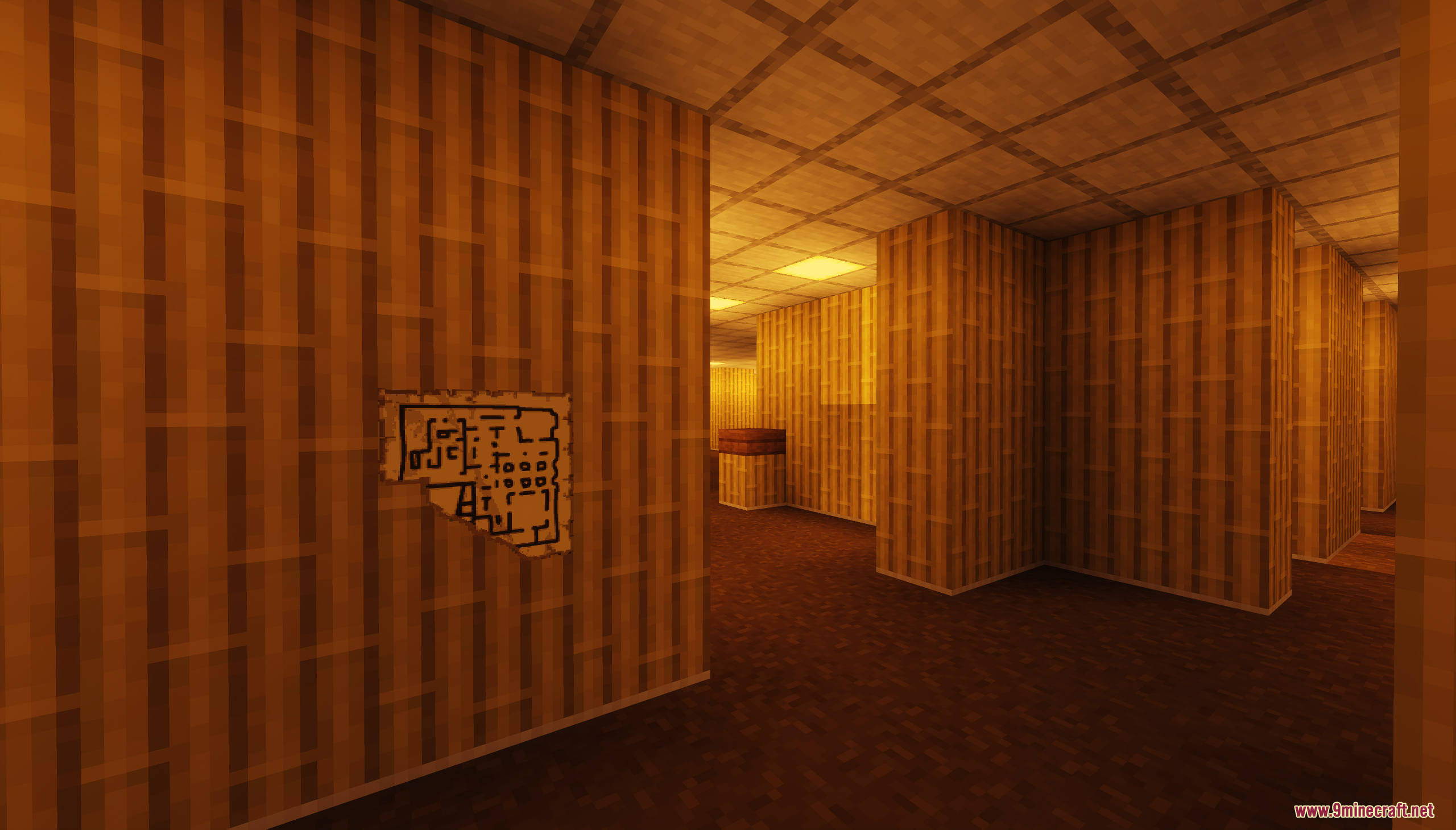 Backrooms Hide and Seek Map Screenshot 1 A map pinned to a yellow wall in the Backrooms Hide and Seek Map