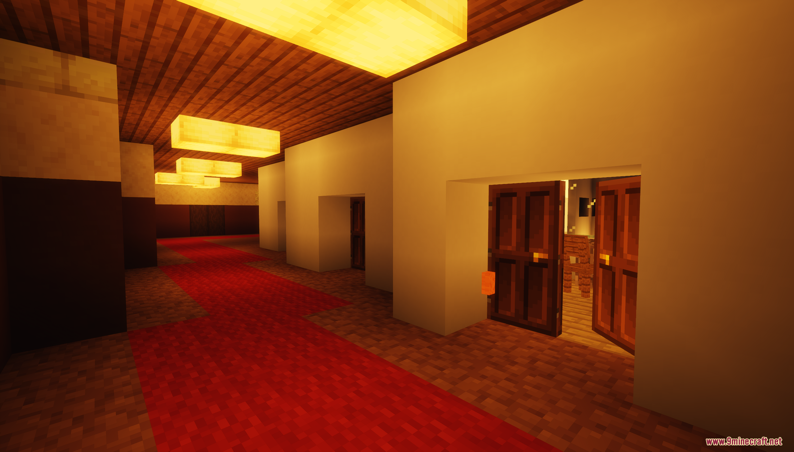 Backrooms Hide and Seek Map Screenshot 10 A hallway with a red carpet and glowing lights in the Backrooms map
