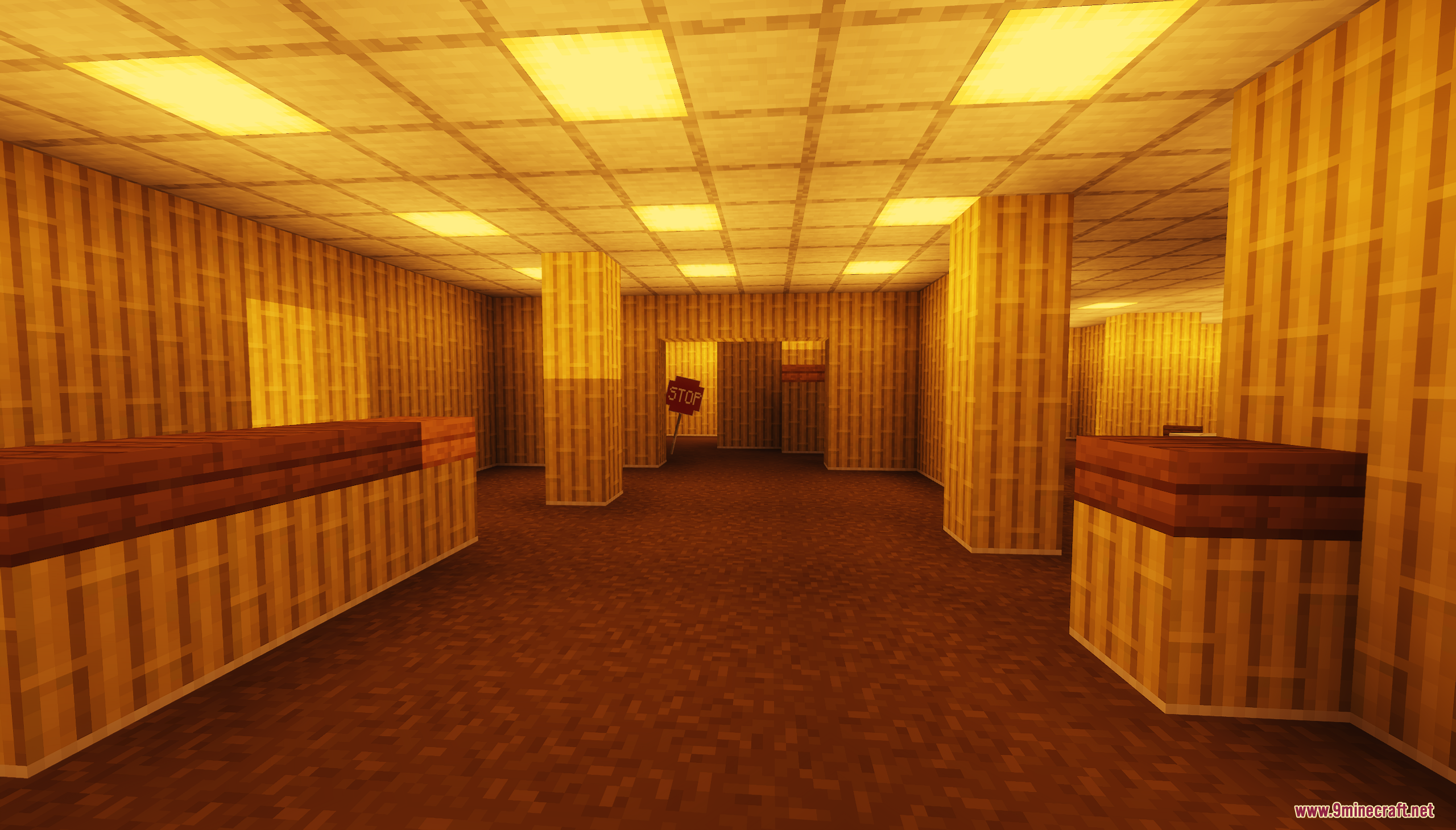 Backrooms Hide and Seek Map Screenshot 2 A large room with yellow pillars and a stop sign in Minecraft