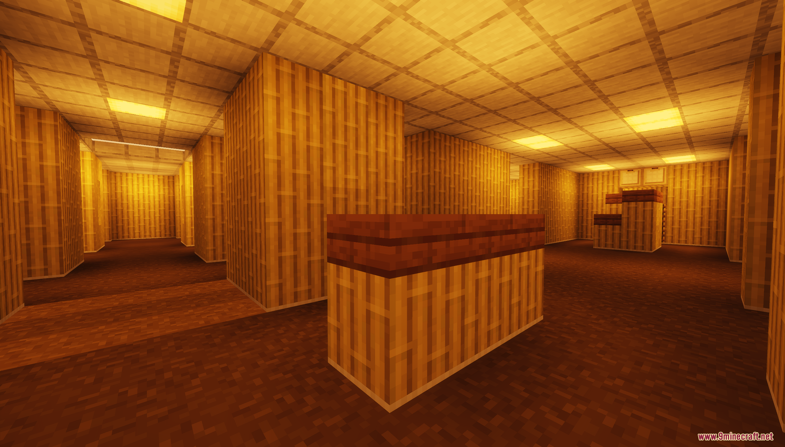 Backrooms Hide and Seek Map Screenshot 3 Yellowish maze corridors with bamboo walls and a brown wooden counter