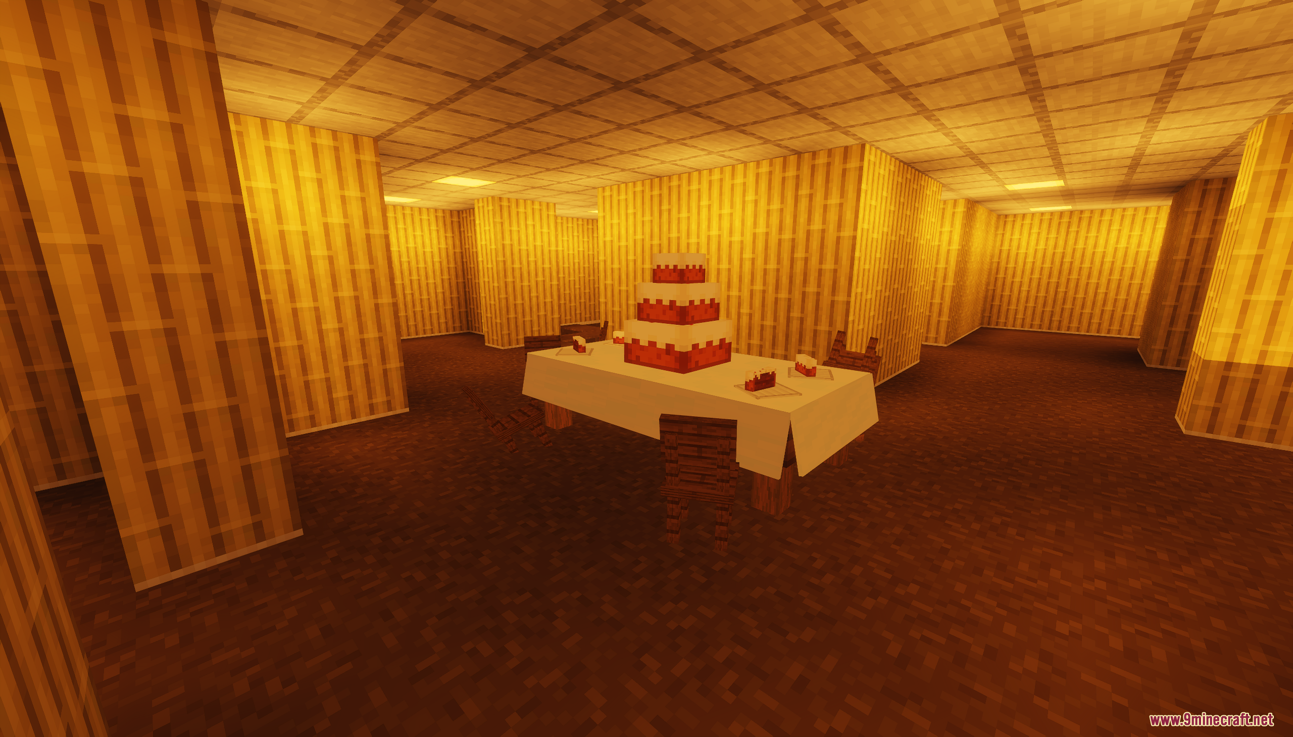 Backrooms Hide and Seek Map Screenshot 4 A large tiered cake and slices on a table in a yellow maze room