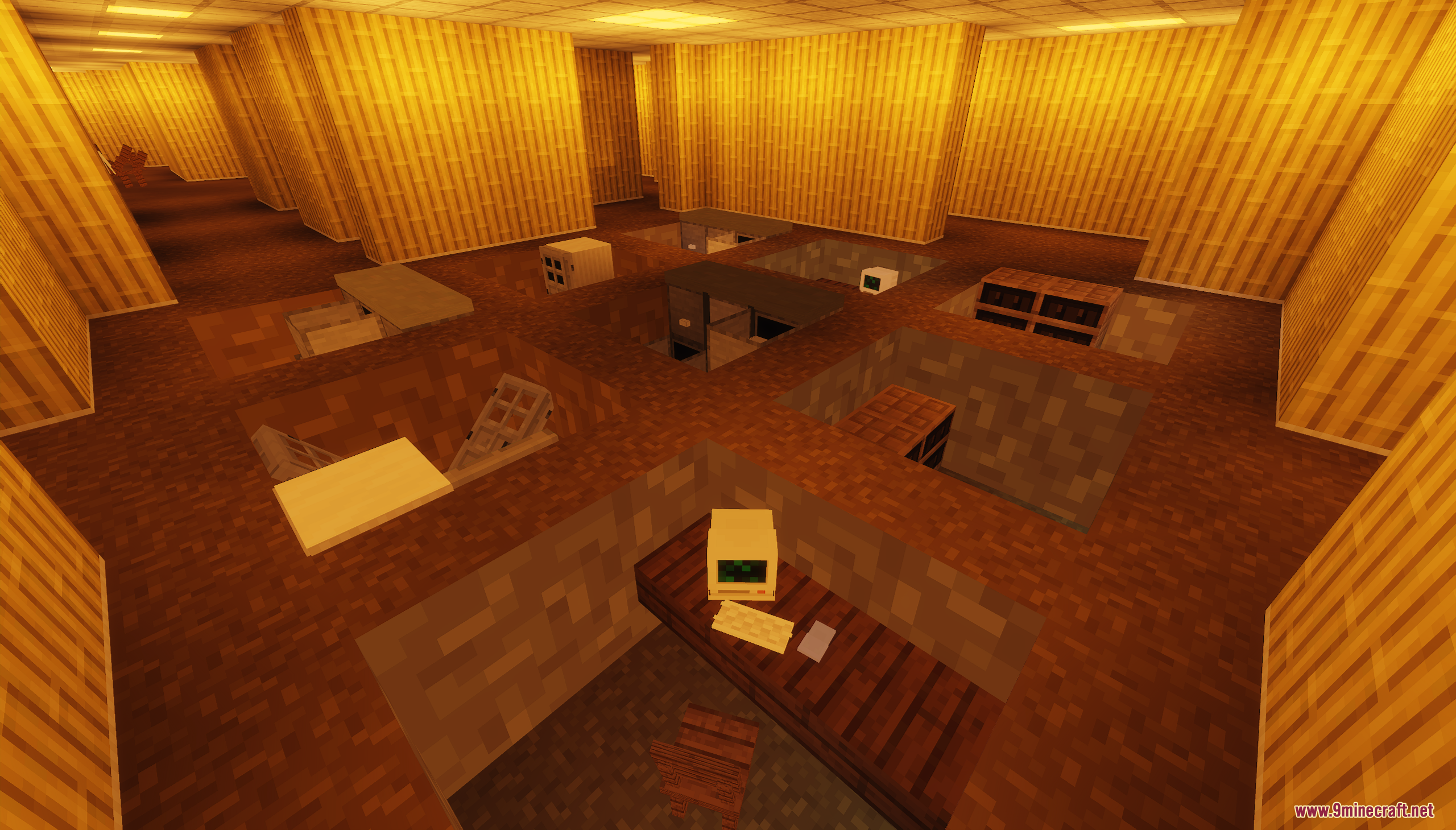 Backrooms Hide and Seek Map Screenshot 5 Office desks and computers placed inside floor pits within a yellow room
