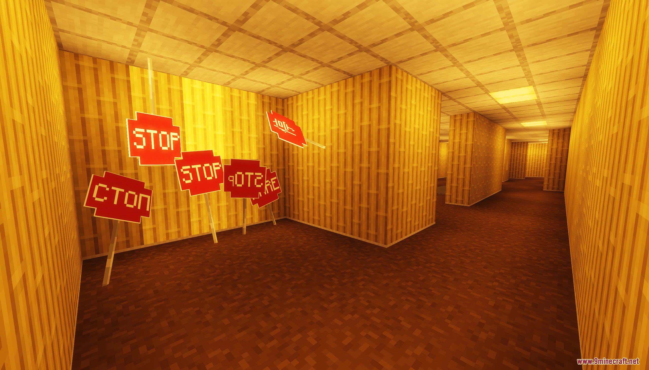 Backrooms Hide and Seek Map Screenshot 6 Multiple red stop signs positioned in a yellow hallway with brown carpet
