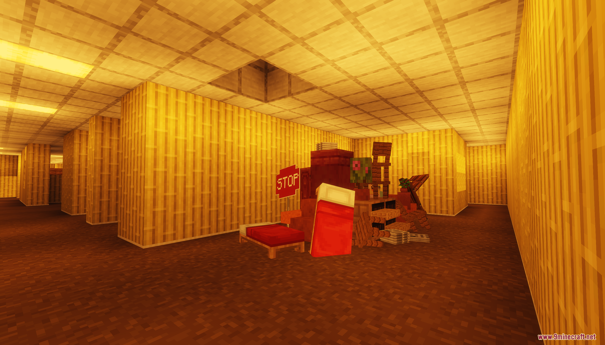 Backrooms Hide and Seek Map Screenshot 7 Furniture and beds are piled in a yellow hallway of the Backrooms