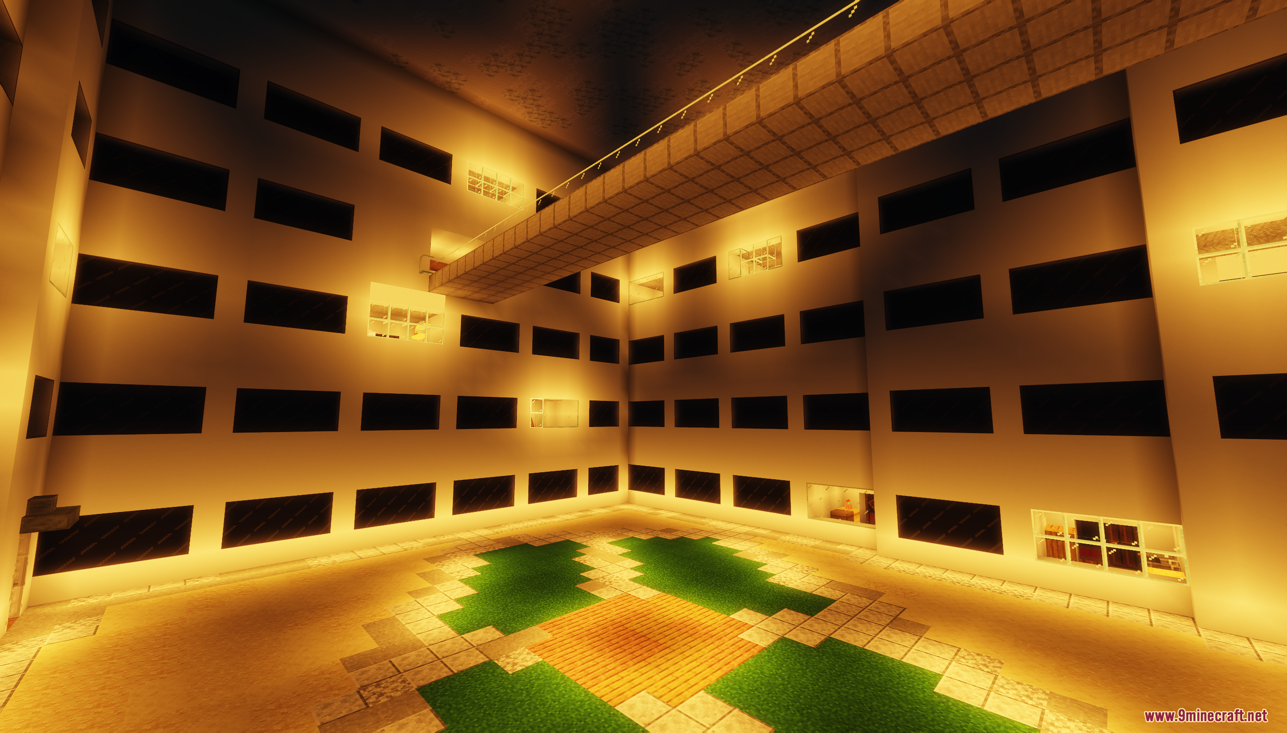 Backrooms Hide and Seek Map Screenshot 8 A massive indoor courtyard with rows of windows and an overhead bridge