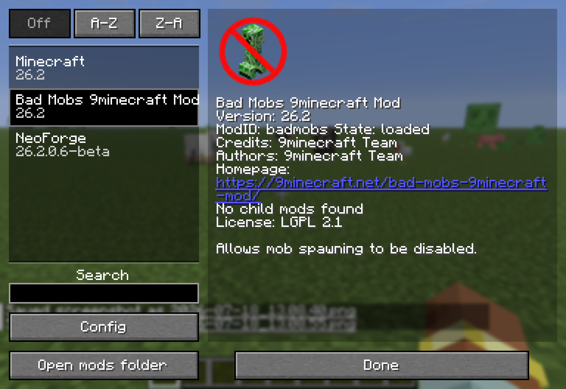 Bad Mobs listed in the in-game mods screen - loaded, with 9minecraft Team credits and its homepage link.