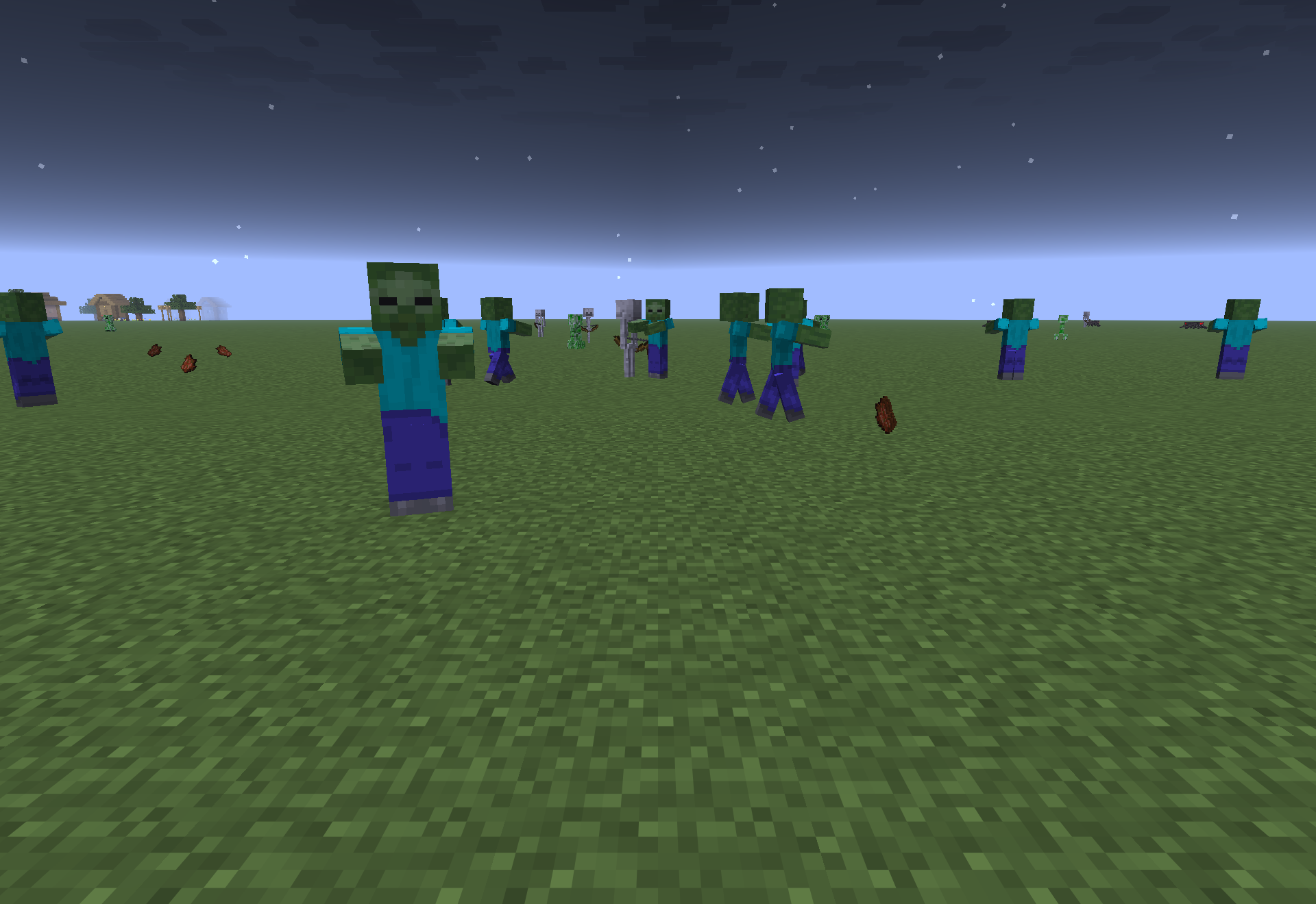 Hostile mobs crowding a field at night before any blacklist entries are set.