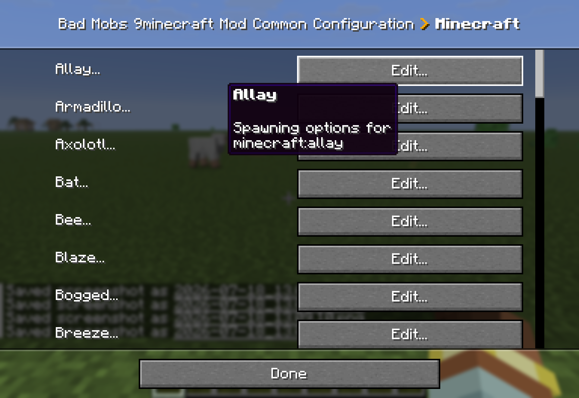 Each entity has its own spawn options in the in-game config screen.
