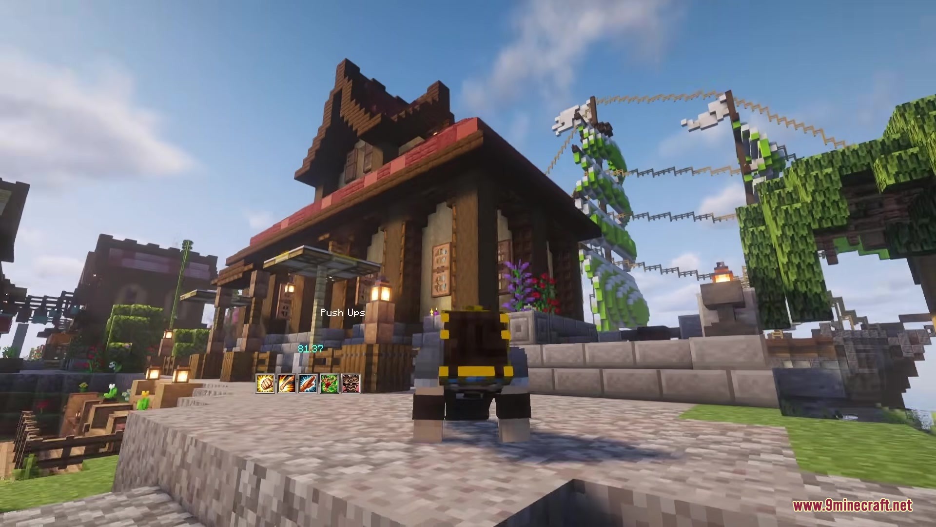 Baki Hanma Mod Screenshot 1 Minecraft character performing push ups in front of a large wooden building