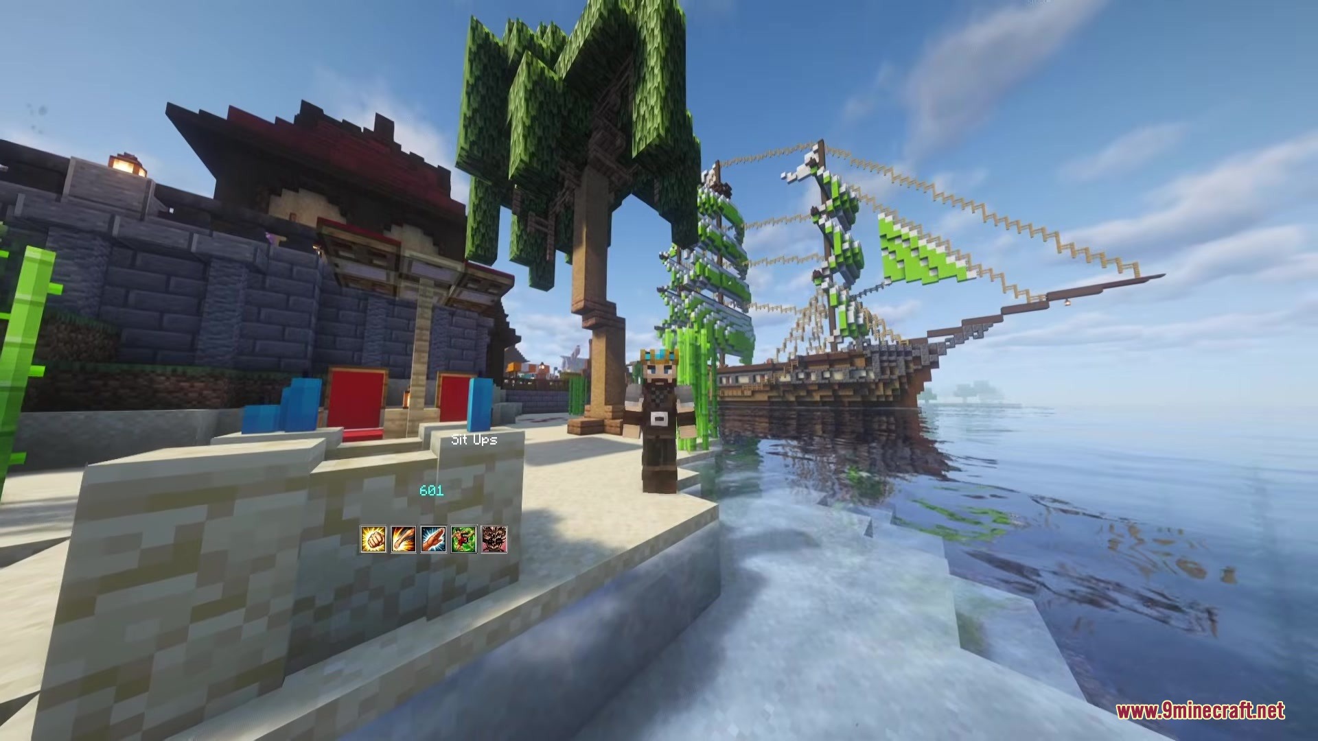 Baki Hanma Mod Screenshot 6 Minecraft character training sit ups on a sandy beach with a large ship