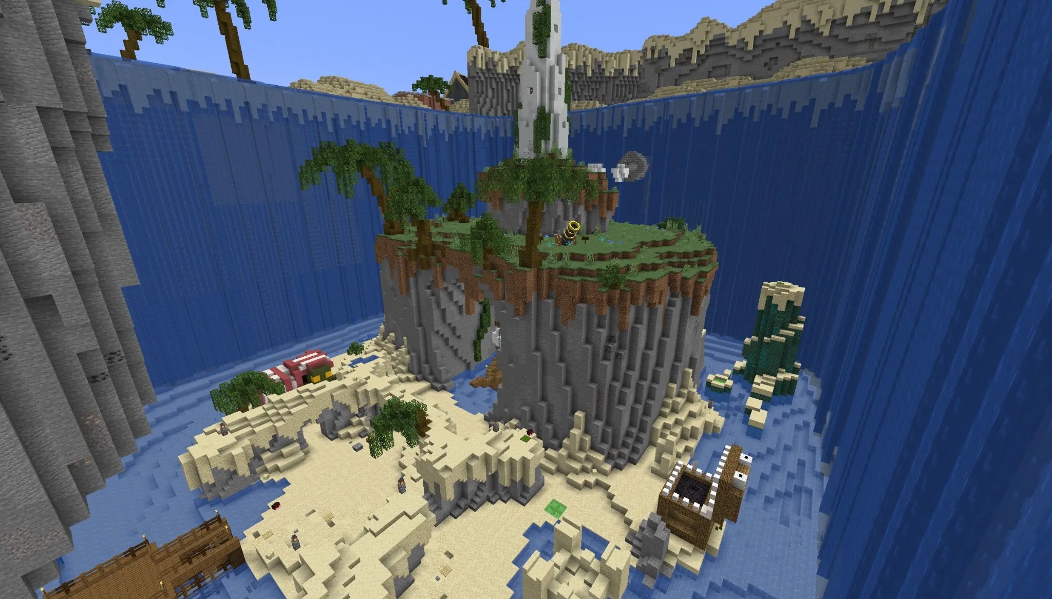 Banjo Kazooie Parkour Peril Map Screenshot 1 Tropical island with a white tower surrounded by a massive circular waterfall