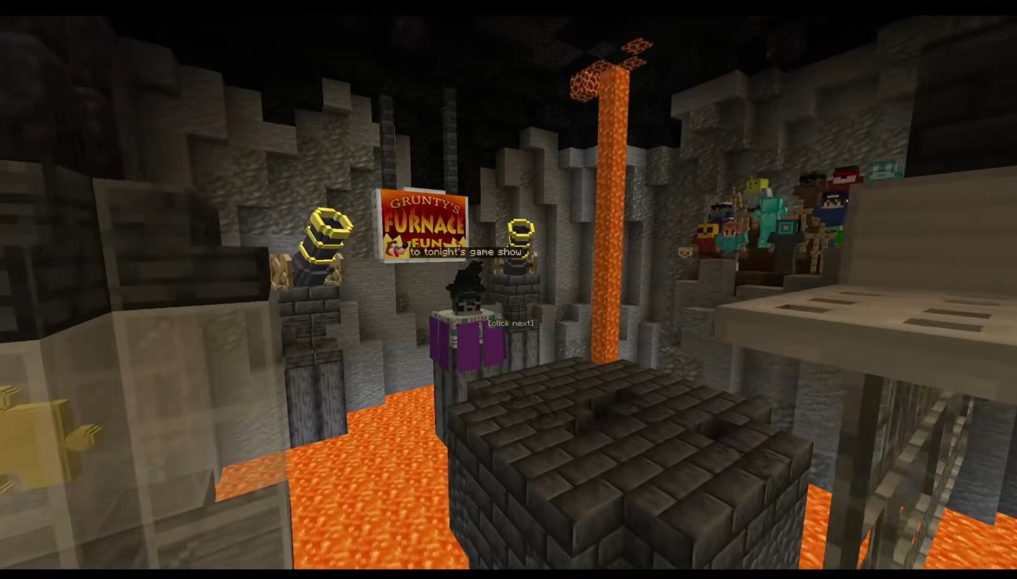 Banjo Kazooie Parkour Peril Map Screenshot 10 A witch character hosting a game show over a pool of lava