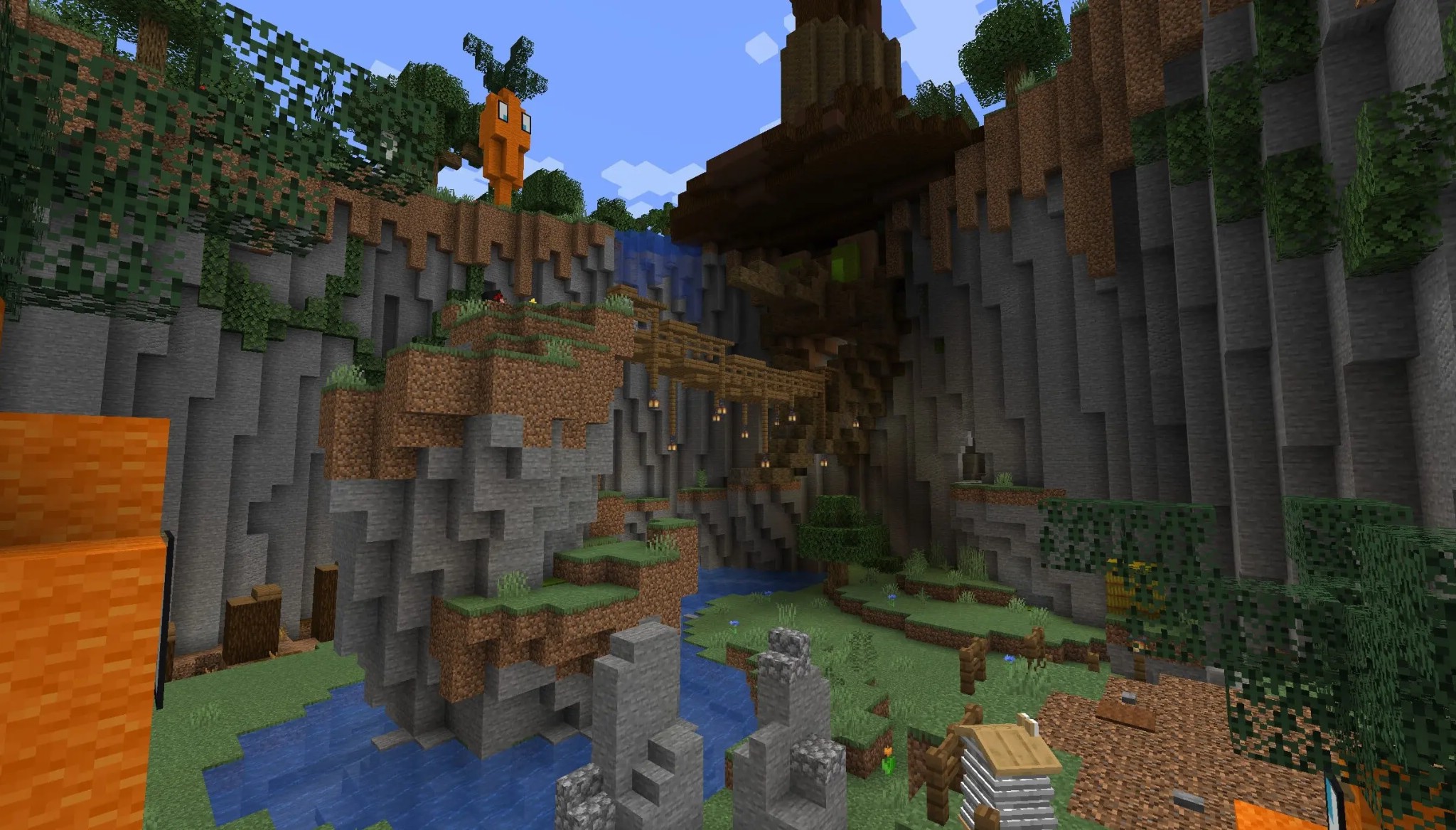 Banjo Kazooie Parkour Peril Map Screenshot 2 Wooden bridge over a river in a valley with a giant carrot statue