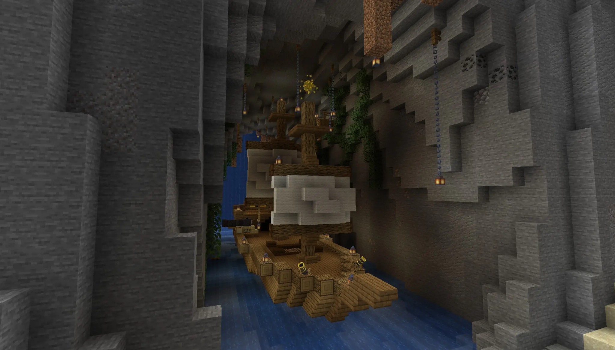 Banjo Kazooie Parkour Peril Map Screenshot 3 A wooden pirate ship floating on water inside a deep stone cave
