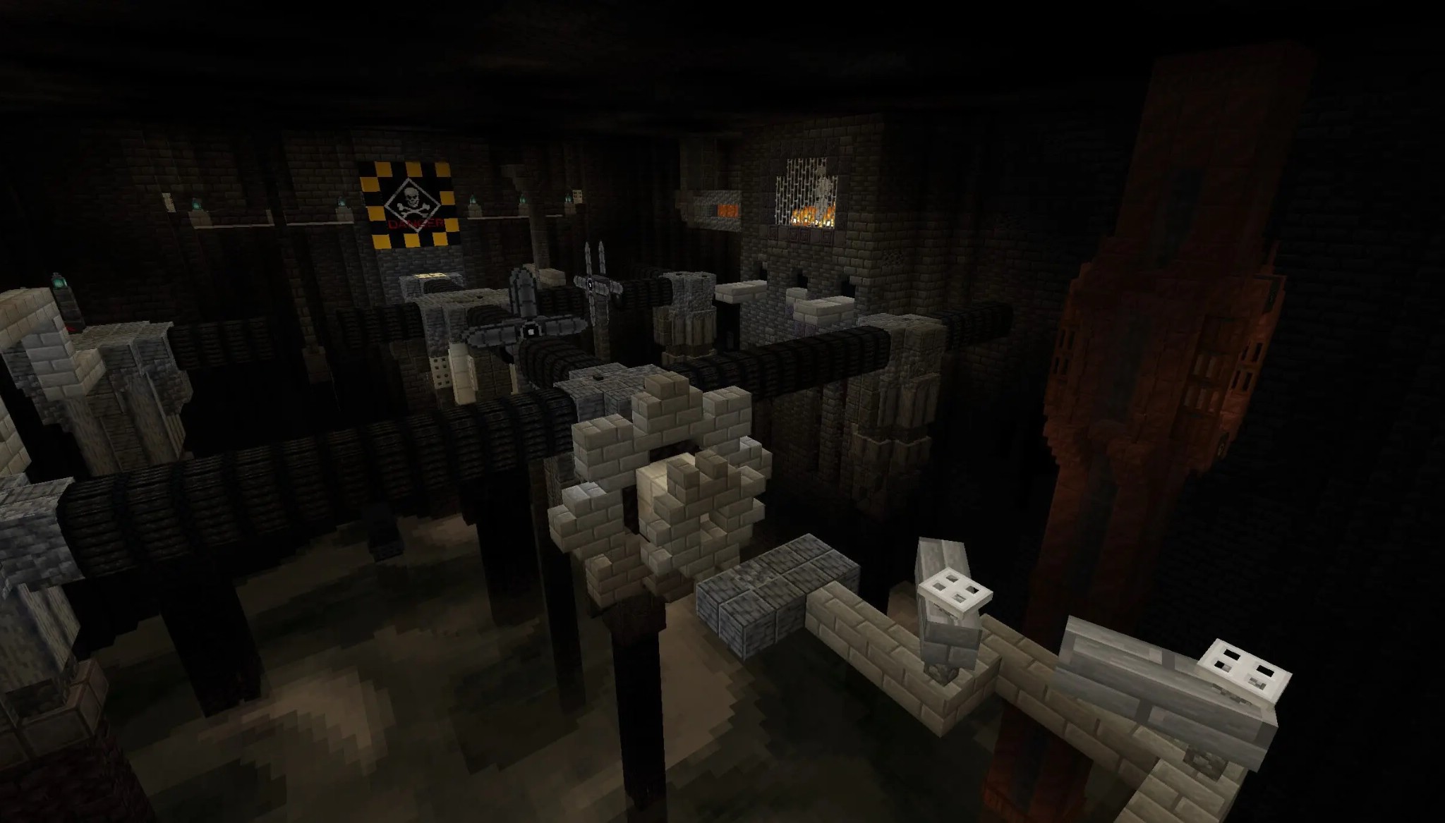 Banjo Kazooie Parkour Peril Map Screenshot 4 Complex parkour course with stone platforms and pipes in a dark dungeon