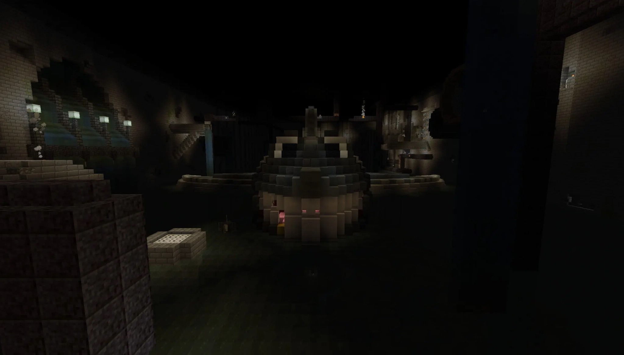 Banjo Kazooie Parkour Peril Map Screenshot 5 A large mechanical shark head built with blocks inside a dark chamber