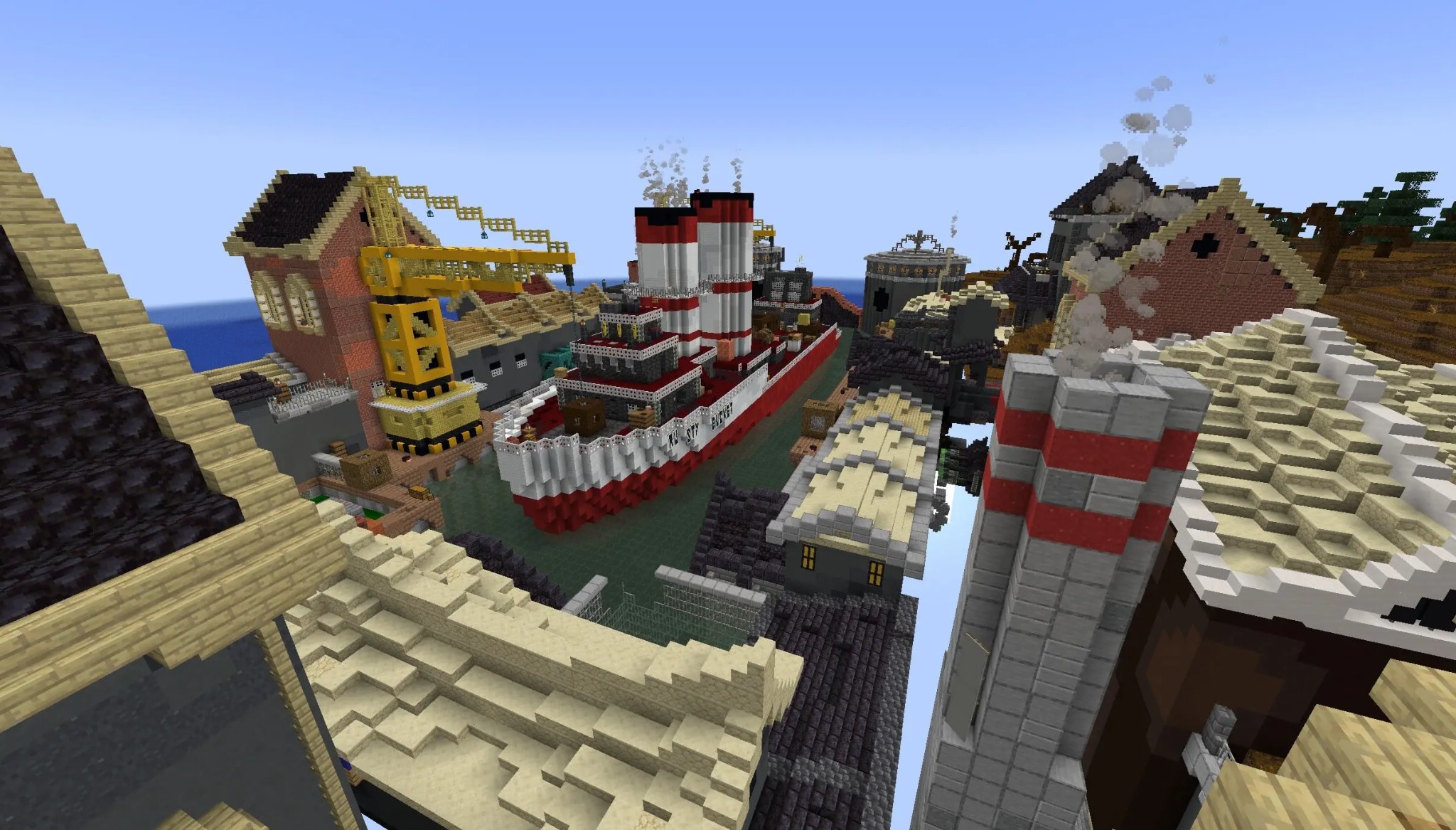 Banjo Kazooie Parkour Peril Map Screenshot 9 A large red and white ship docked next to a yellow crane