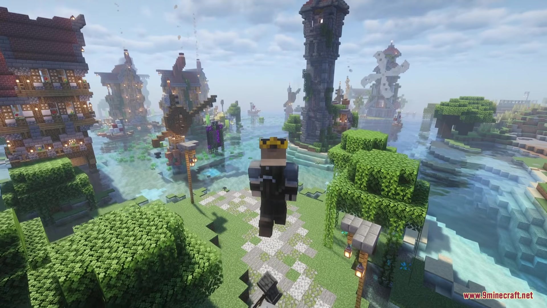 Bascinet Mediaeval Mod Screenshot 1 A player wearing a crown overlooks a scenic medieval village with shaders