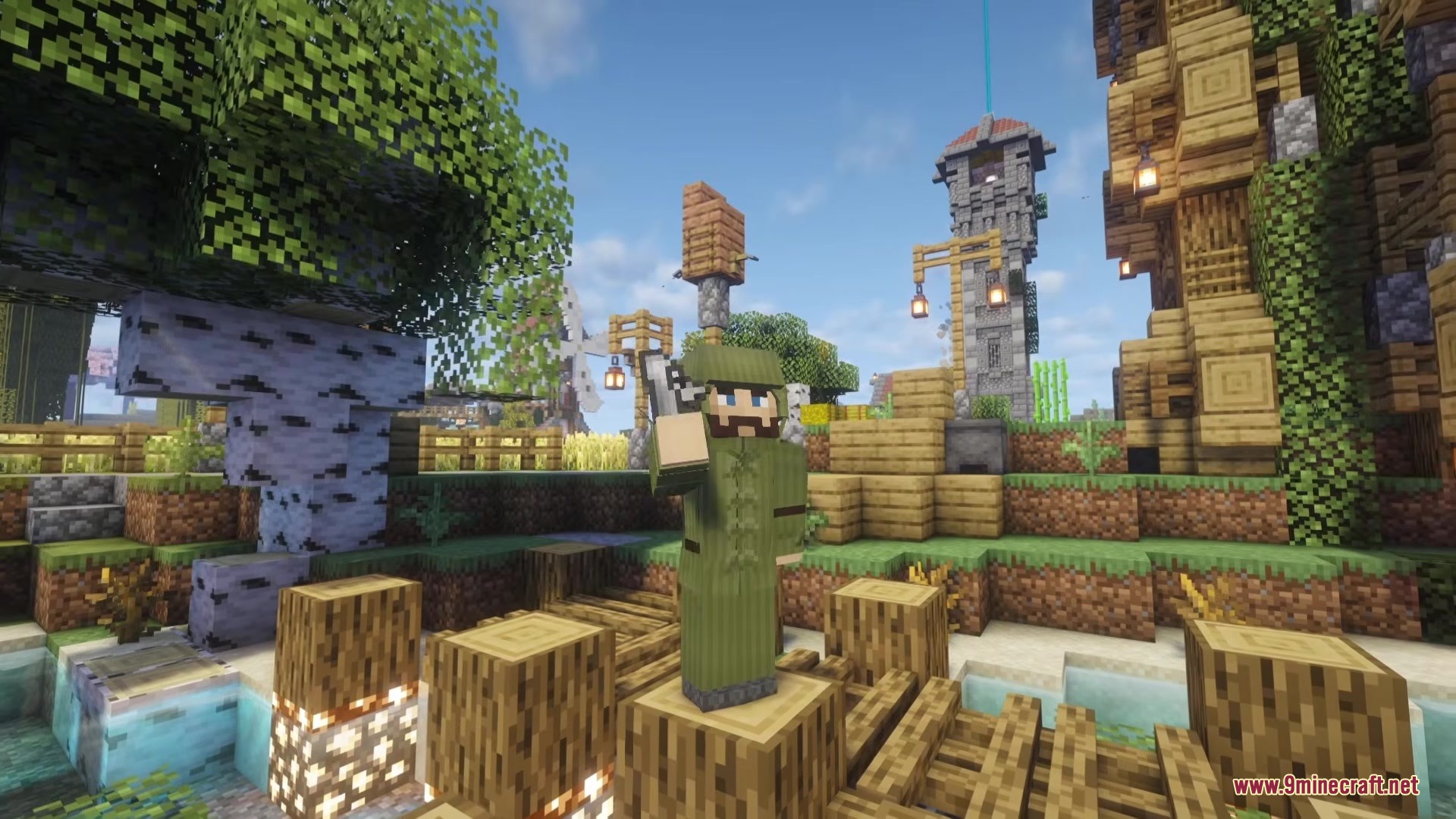 Bascinet Mediaeval Mod Screenshot 4 A player wearing green medieval soldier gear while standing in a village
