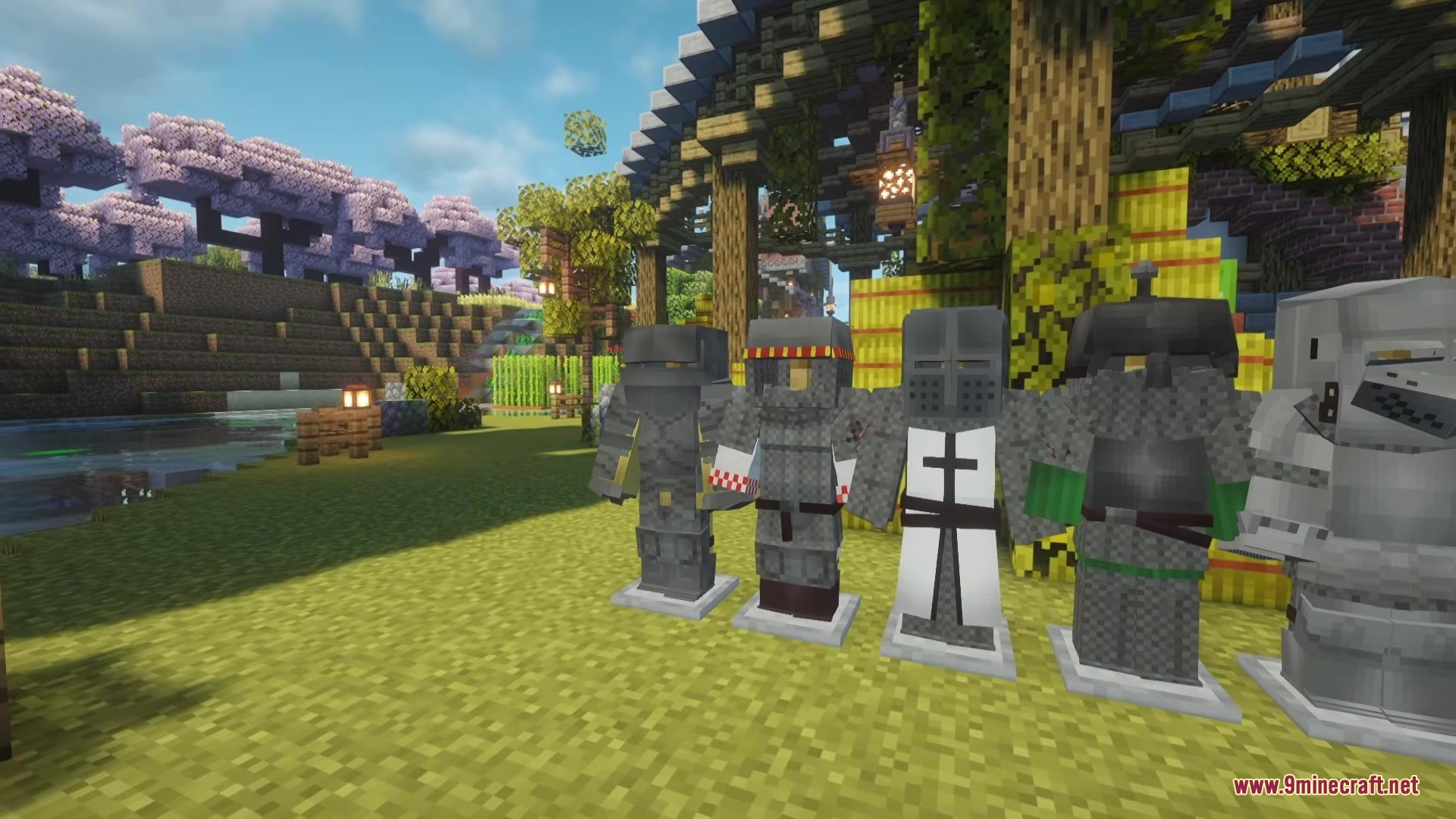 Bascinet Mediaeval Mod Screenshot 6 Side view of multiple medieval armor sets displayed on armor stands in a garden