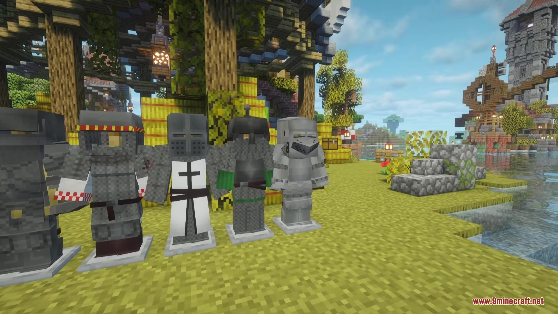 Bascinet Mediaeval Mod Screenshot 7 Five sets of detailed medieval armor displayed on armor stands outdoors