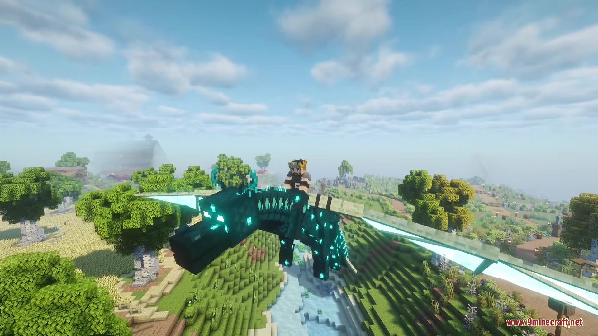 Be Bee Queen Dragon Survival Addon Mod Screenshot 1 Player riding a dark teal dragon with glowing cyan spots over a green landscape