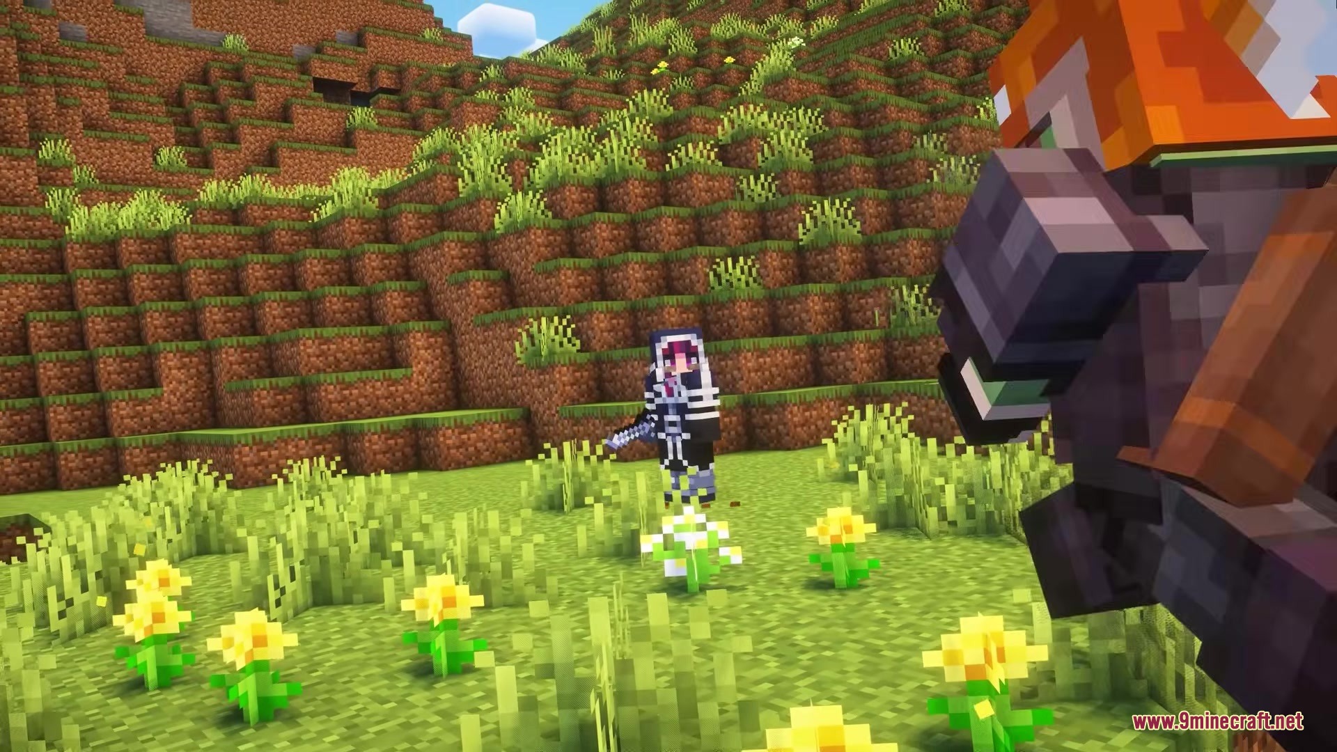 Be Bee Queen Dragon Survival Addon Mod Screenshot 10 A player in a fox skin faces another character in a yellow flower field