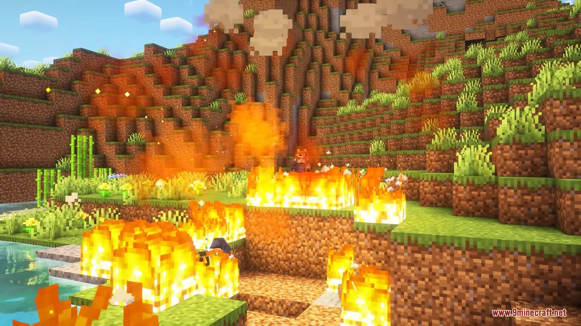 Be Bee Queen Dragon Survival Addon Mod Screenshot 11 Fire burning on fireproof hive blocks in a sunny Minecraft environment