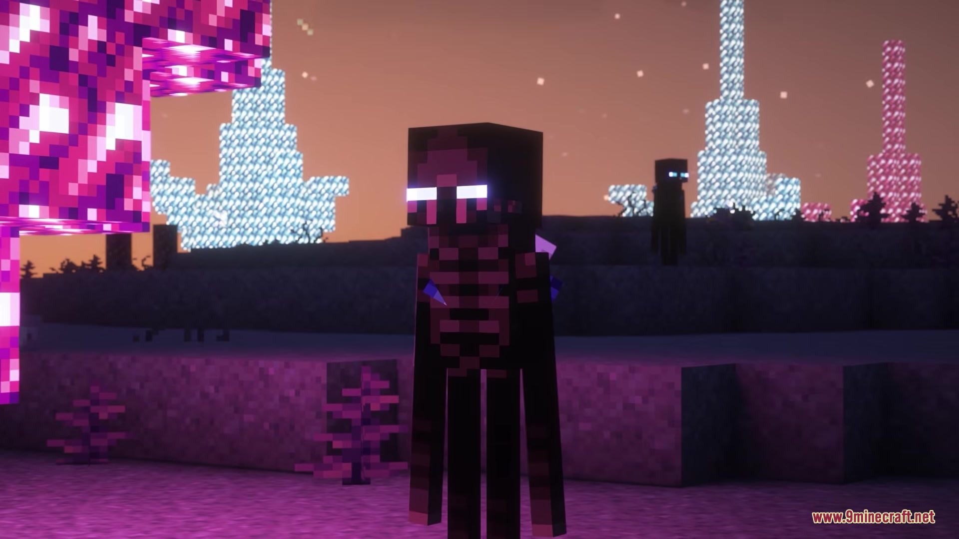 Be Bee Queen Dragon Survival Addon Mod Screenshot 13 An Enderman with glowing eyes stands near tall glowing crystal structures