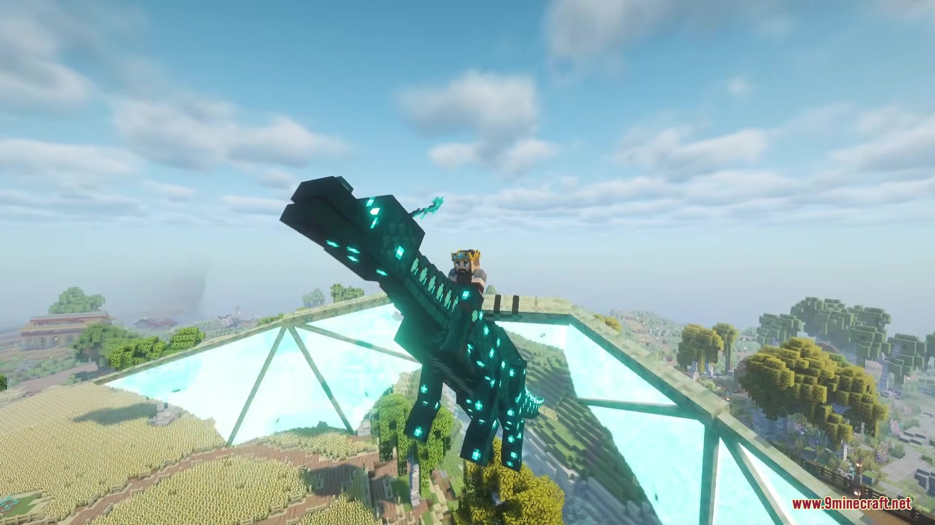 Be Bee Queen Dragon Survival Addon Mod Screenshot 2 Player riding a dark teal dragon with glowing cyan spots flying towards the clouds