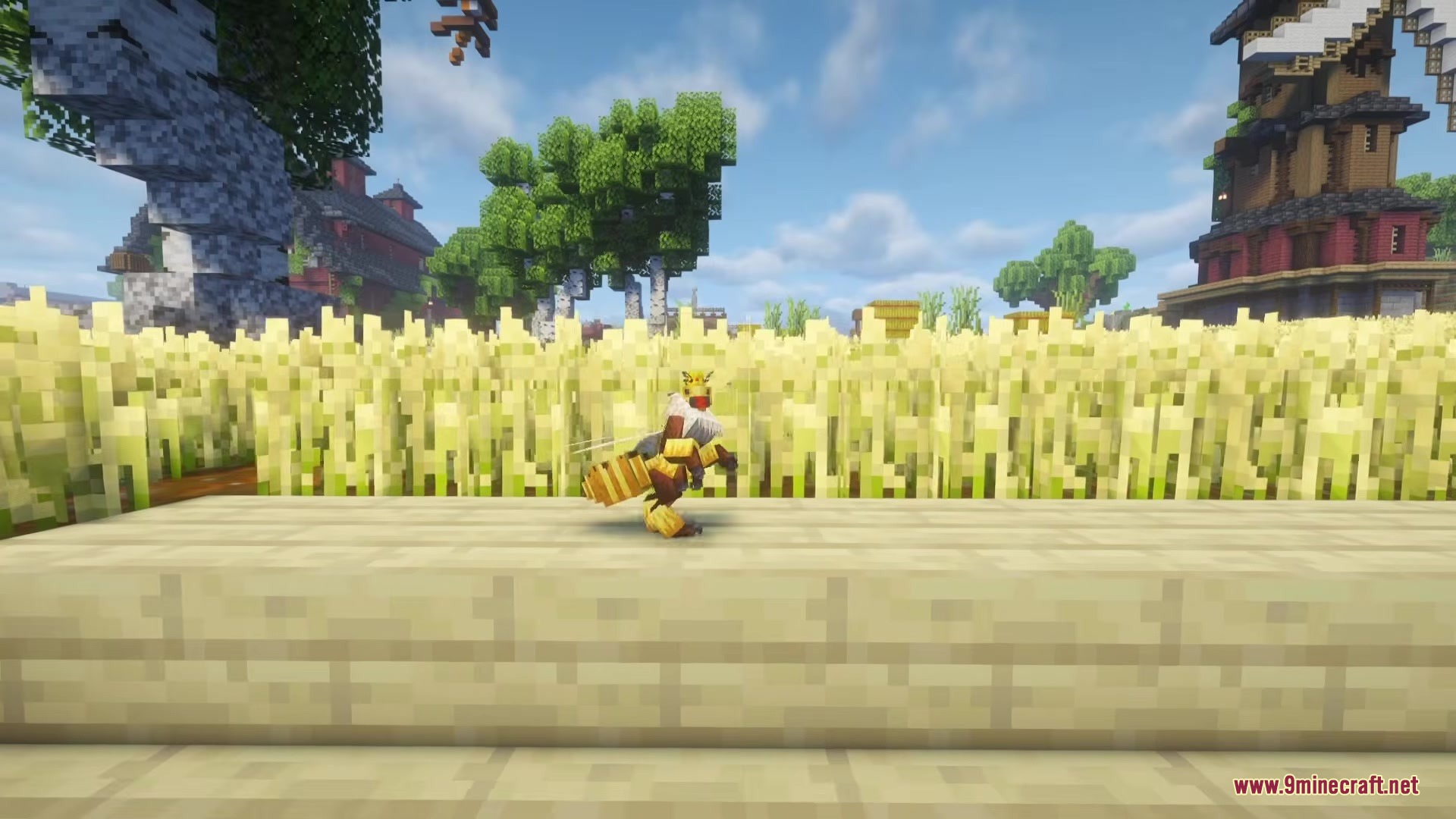 Be Bee Queen Dragon Survival Addon Mod Screenshot 3 A player transformed into a Bee Queen standing near a golden wheat field