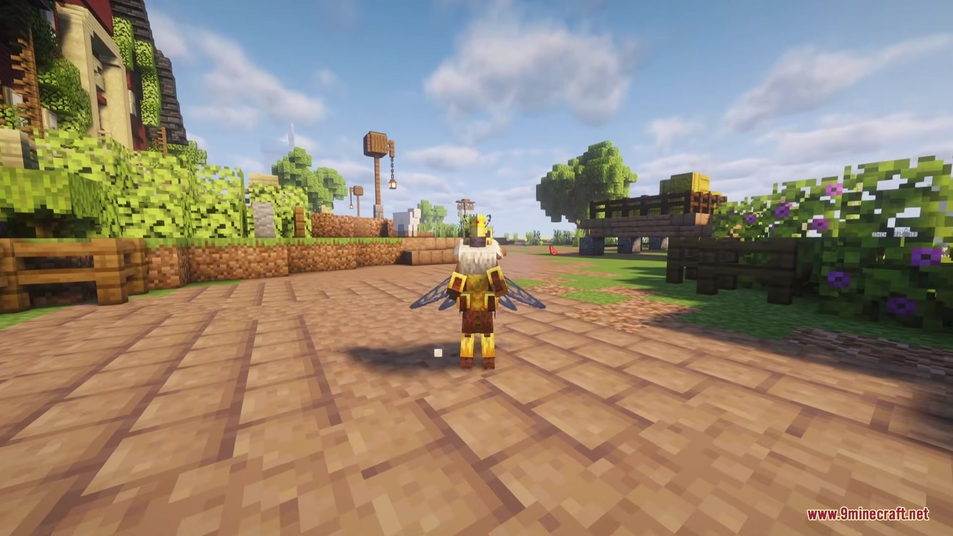 Be Bee Queen Dragon Survival Addon Mod Screenshot 4 A Bee Queen character with blue wings standing on a paved village walkway