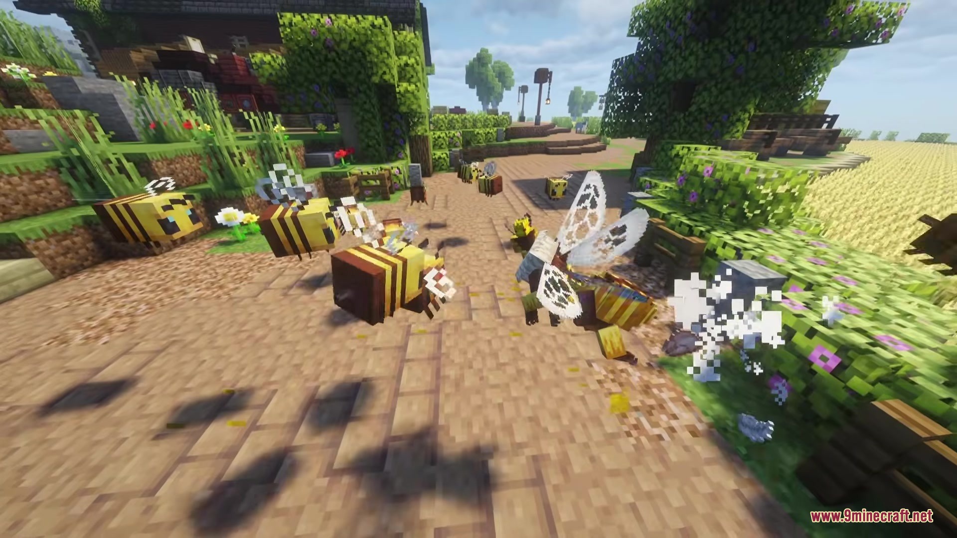 Be Bee Queen Dragon Survival Addon Mod Screenshot 5 Large bees with detailed wings flying through a village in the Minecraft world