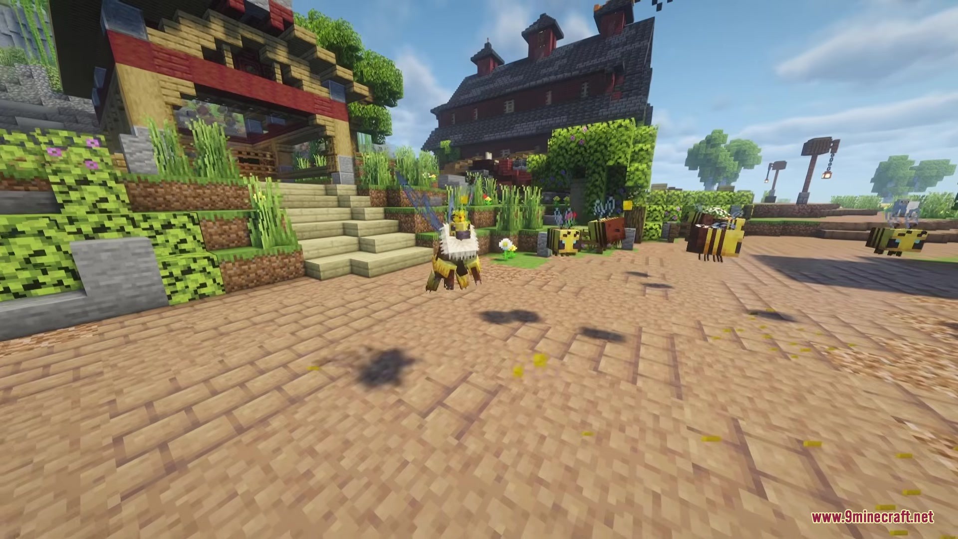 Be Bee Queen Dragon Survival Addon Mod Screenshot 6 A player transformed into the Bee Queen standing near buildings and tamed bees