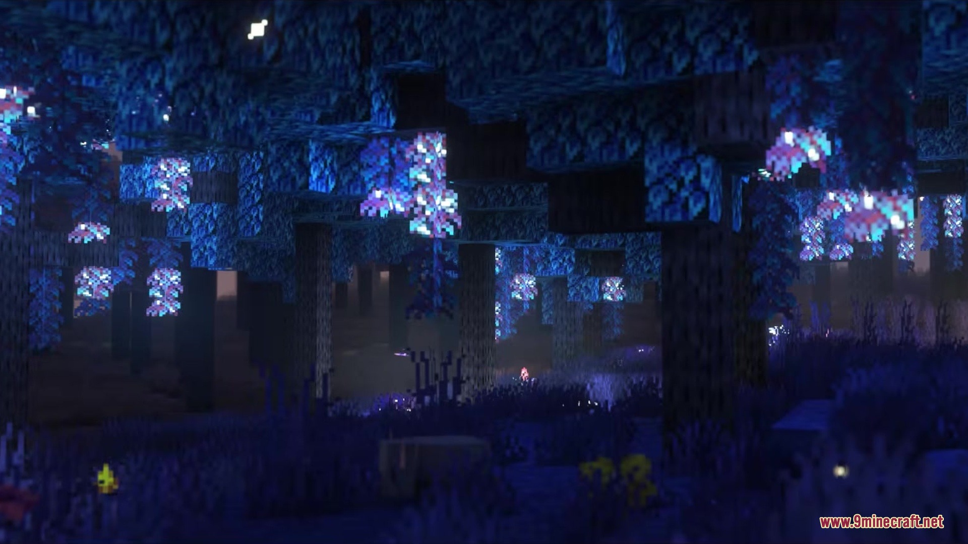 Be Bee Queen Dragon Survival Addon Mod Screenshot 7 Glowing purple flowers hang from blue trees in a dark magical forest