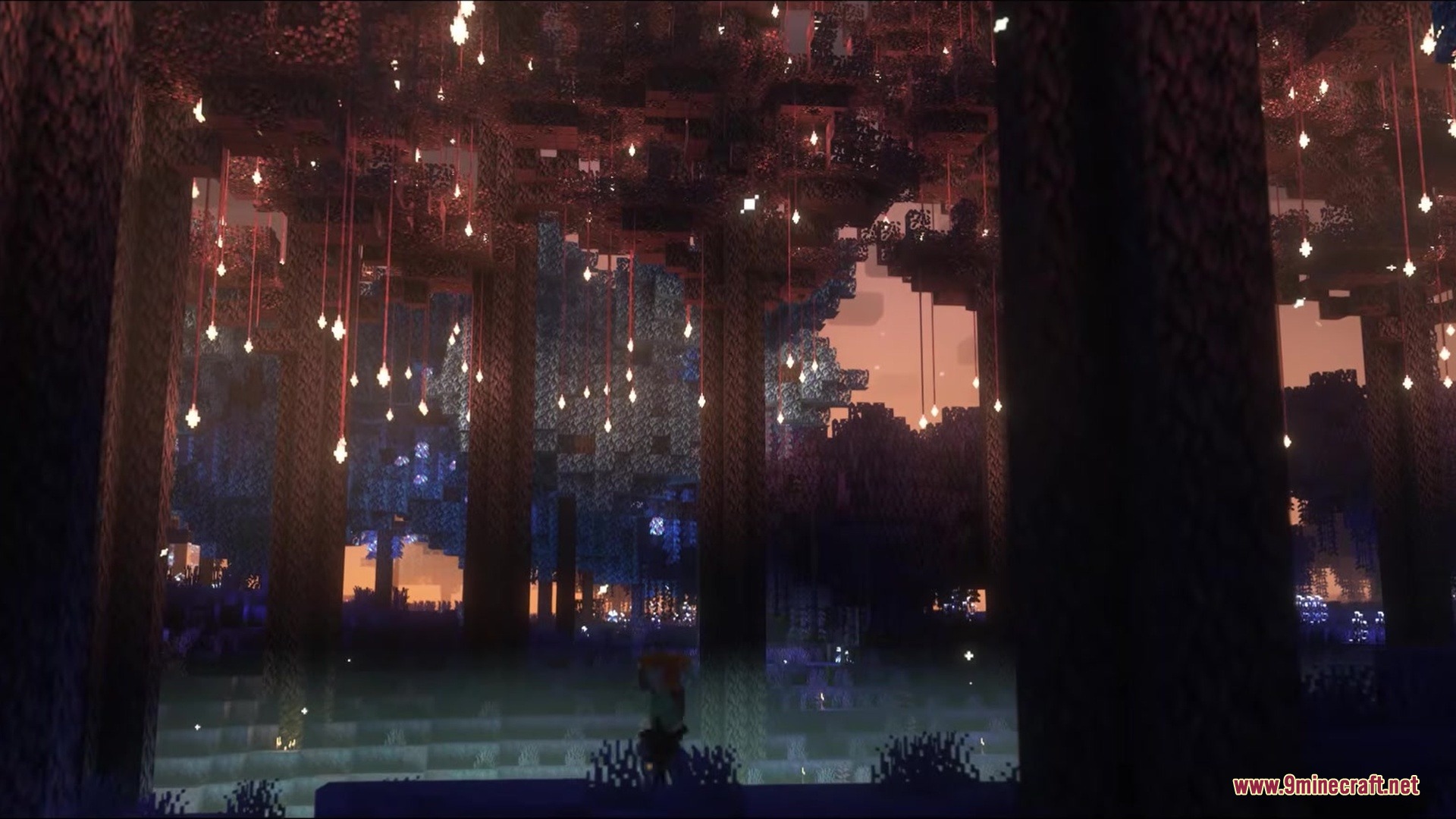 Be Bee Queen Dragon Survival Addon Mod Screenshot 8 Bright lights hang from the canopy of a dense forest during a sunset