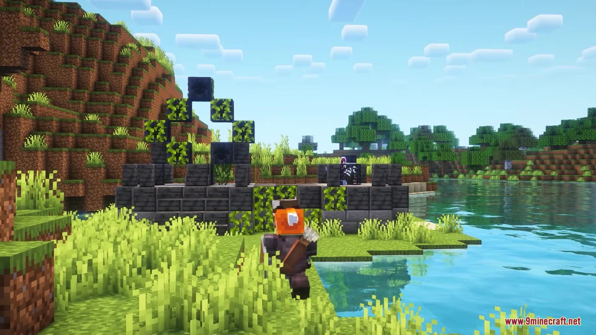 Be Bee Queen Dragon Survival Addon Mod Screenshot 9 A player explores a stone structure built with hive blocks near a river