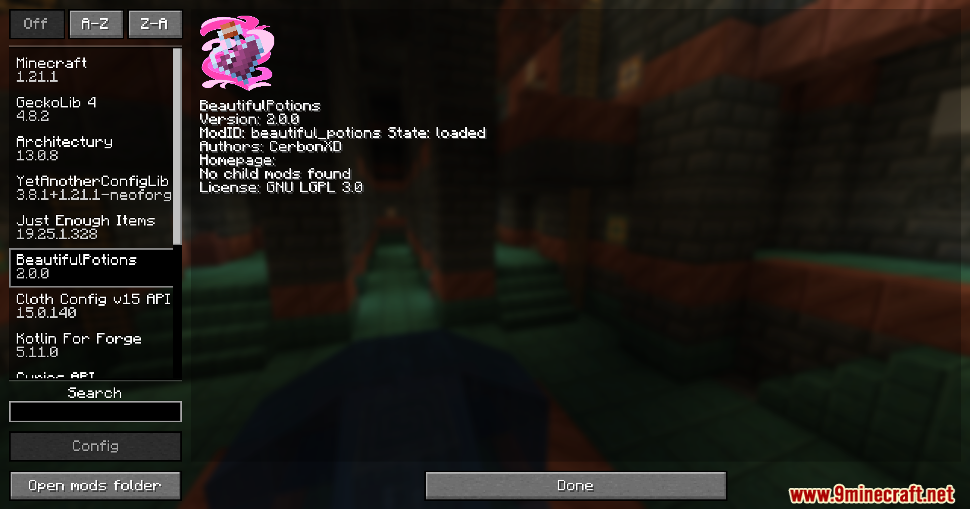 The Minecraft mod menu screen showing information for the Beautiful Potions mod